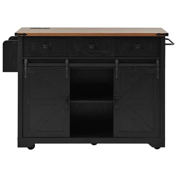 Black Wood 53 in. Kitchen Island with Power Outlet, 2-Sliding Barn Door and Drop Leaf for Kitchen and Dining Room
