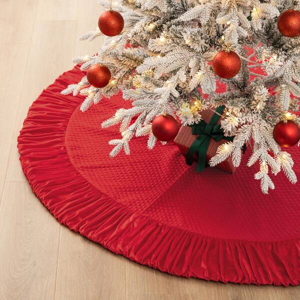 Glitzhome 72 in. D Oversized Deluxe Red Velvet Ruffled