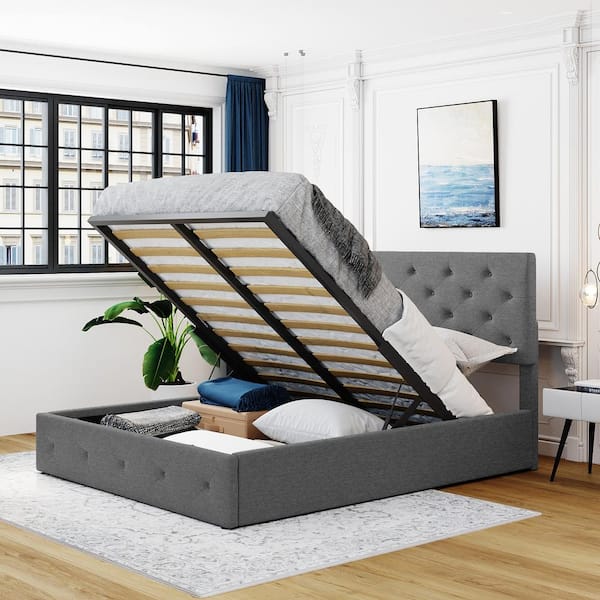 GODEER 83 in. W Gray Queen Size Upholstered Platform Bed with a Hydraulic Storage System