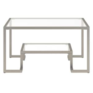 32 in. Silver Square Glass Coffee Table with Shelves;Storage