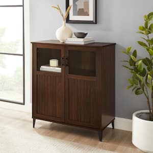 Dark Walnut Wood and Glass Transitional Grooved-Door Accent Cabinet with Adjustable Shelves