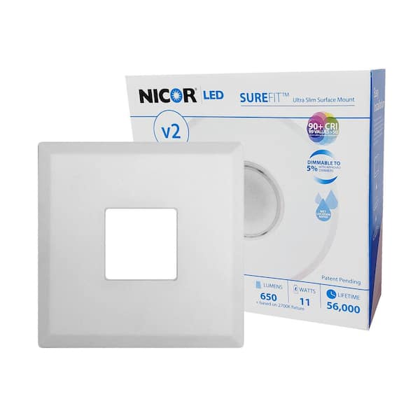 NICOR SureFit(v2) 5.2 in. Square White Ultra Slim LED Flush Mount 3000K
