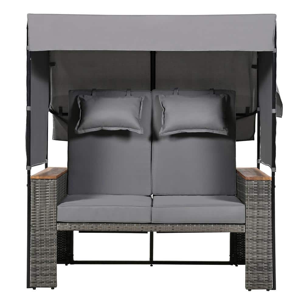 Set of 2 Wicker Outdoor Day Bed Lounge Set with Cushion and Adjustable Back