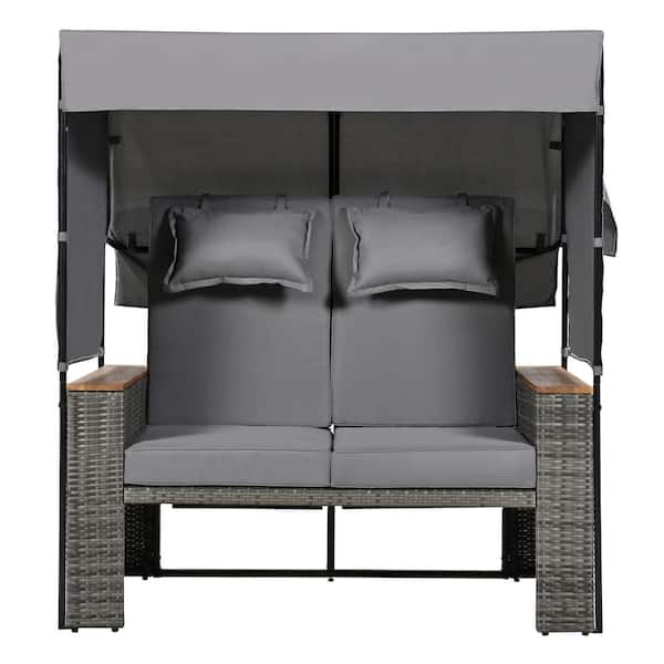 TANKY TRADING INC Set of 2 Wicker Outdoor Day Bed Lounge Set with Cushion and Adjustable Backrest for Garden, Backyard Porch Grey