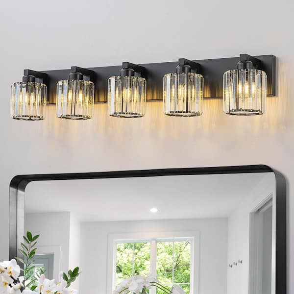 Orillia 35 in. 5-Light Vanity Light with Cylinder Crystal Shade Black Modern Wall Mount Sconce for Bathroom Powder Room