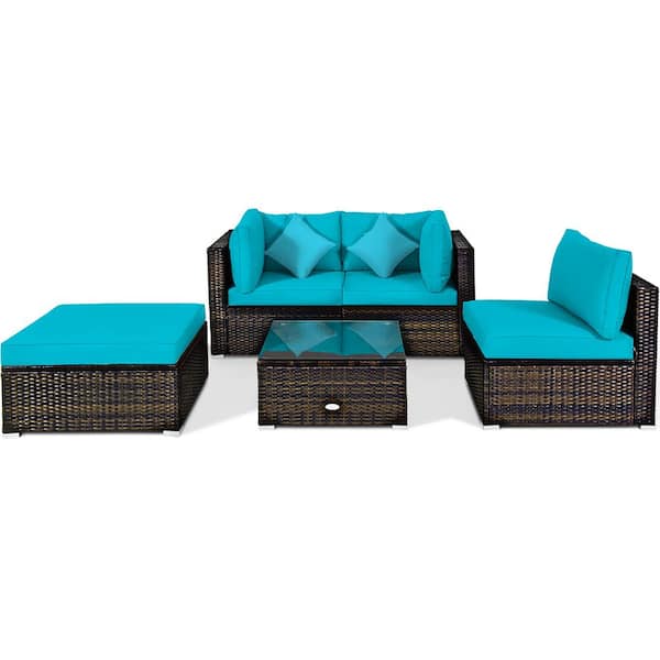 Costway 5-Piece Wicker Patio Conversation Set with Turquoise Cushions