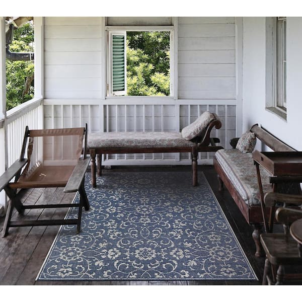 Monte Carlo Summer Vines Navy-Ivory 2 ft. x 12 ft. Indoor/Outdoor Runner Rug