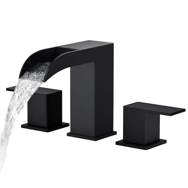 8 in. Widespread Waterfall Spout Double Handles Bathroom Faucet with Pop-up Drain in Matte Black