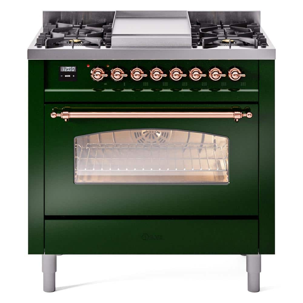 Nostalgie II 36 in. 6 Burner+Griddle Freestanding Dual Fuel Liquid Propane Range in Emerald Green with Copper Trim -  ILVE, UP36FNMPEGPLP