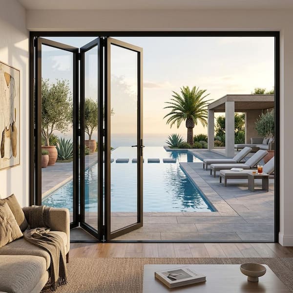 96 in. x 96 in. Matte Black Left To Right Out-Swing Thermal Break Aluminum Folding Patio Door With Locks