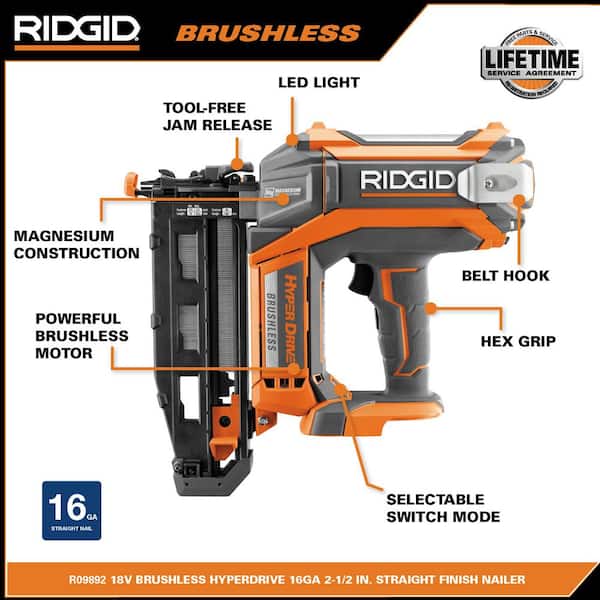 18V Brushless Cordless HYPERDRIVE 16-Gauge 2-1/2 in. Straight Finish Nailer(Tool Only), Belt Clip, Bag, Sample Nails