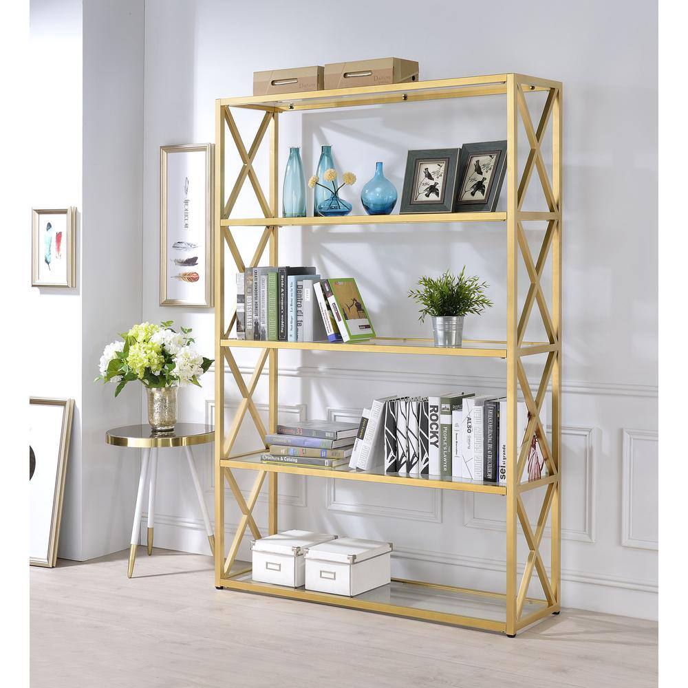 Milavera 48" Gold Metal and Clear Glass 5-Shelf Etagere Bookcase