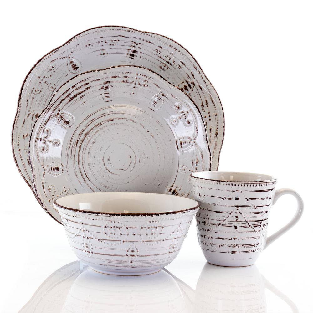 Rustic Birch White Ceramic 16-Piece Dinnerware Set