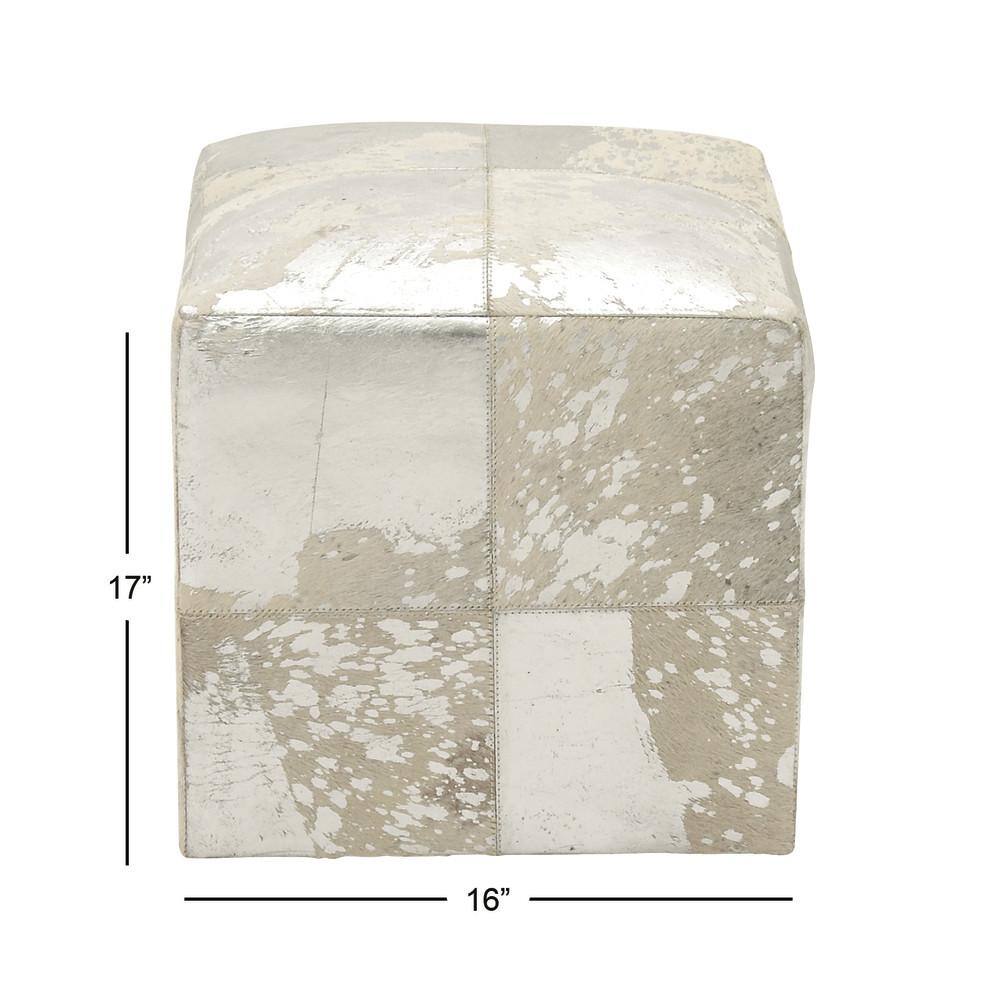 Elegance Unleashed White Leather Pouf with Silver Accents, 16"x17"