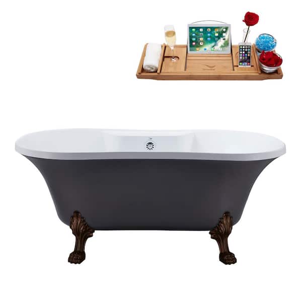 Streamline 60 in. Acrylic Clawfoot Non-Whirlpool Bathtub in Matte Gray With Matte Oil Rubbed Bronze Clawfeet,Polished Chrome Drain
