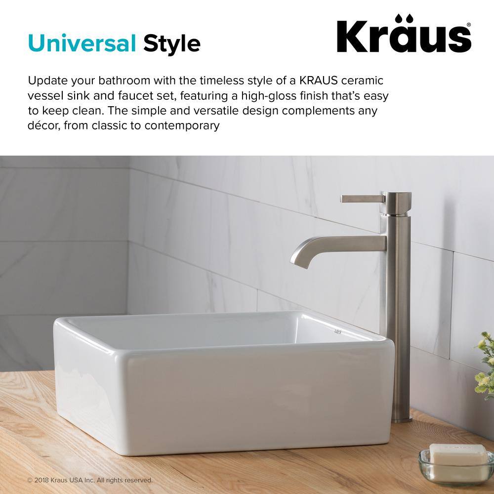 15-inch White Ceramic Square Vessel Sink with Satin Nickel Faucet