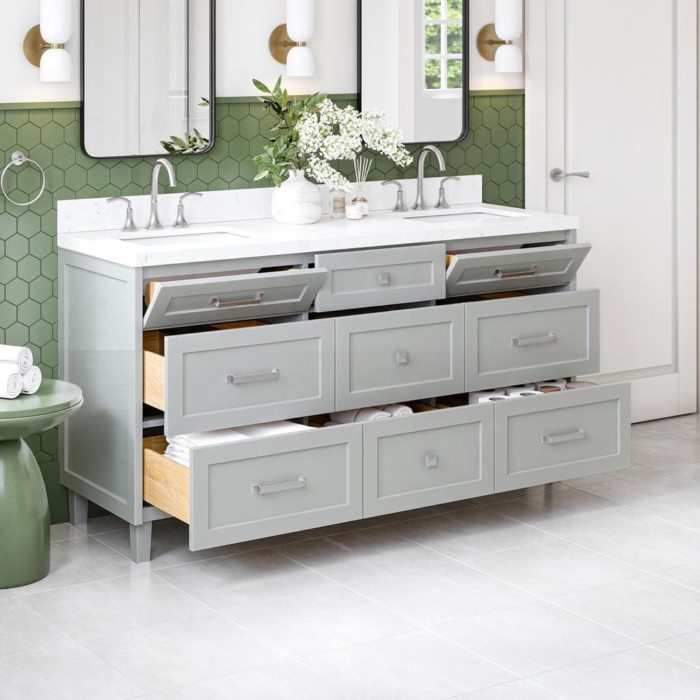 Monroe 66" Light Gray Wood Double Sink Vanity with Carrara Quartz Top
