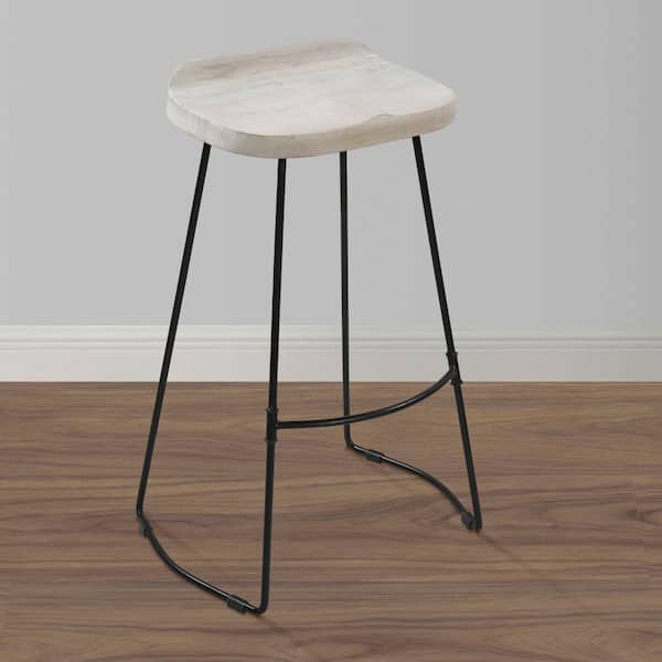 Tiva 38 in. Whitewashed and Black Backless Metal Frame Handcrafted Barstool with Wooden Seat