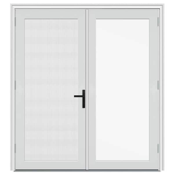 72 in. x 80 in. Right-Hand/Outswing Primed Fiberglass French Patio Door w/ Impact Glass, Sliding Screen, Black Handle