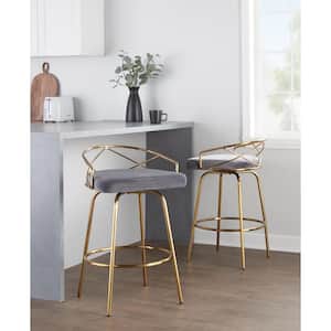 Charlotte Glam 25.25 in. Grey Velvet and Gold Metal Fixed-Height Counter Stool with Round Footrest (Set of 2)