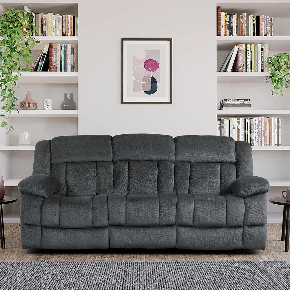 Laurelton Charcoal Microfiber Double Reclining Sofa with Cup Holders