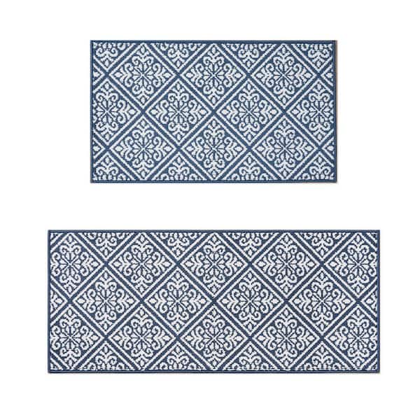 Austell 2-Tone Dusty Navy/Ivory 2 ft. x 5 ft. Geometric Polypropylene 2-Piece Rug Set