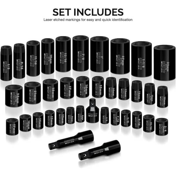NEIKO 3/8 in. and 1/2 in. Drive SAE and Metric Impact Socket Set