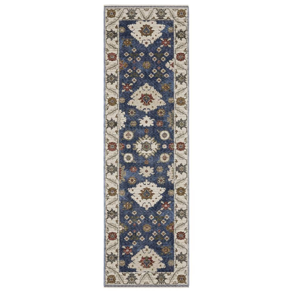 Hunter Blue/Ivory 2 ft. x 8 ft. Traditional Floral Oriental Polyester Fringe-Edge Indoor Runner Area Rug -  AVERLEY HOME, 738064