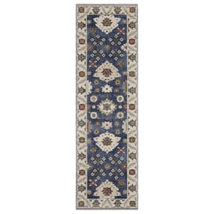 Hunter Blue/Ivory 2 ft. x 8 ft. Traditional Floral Oriental Polyester Fringe-Edge Indoor Runner Area Rug