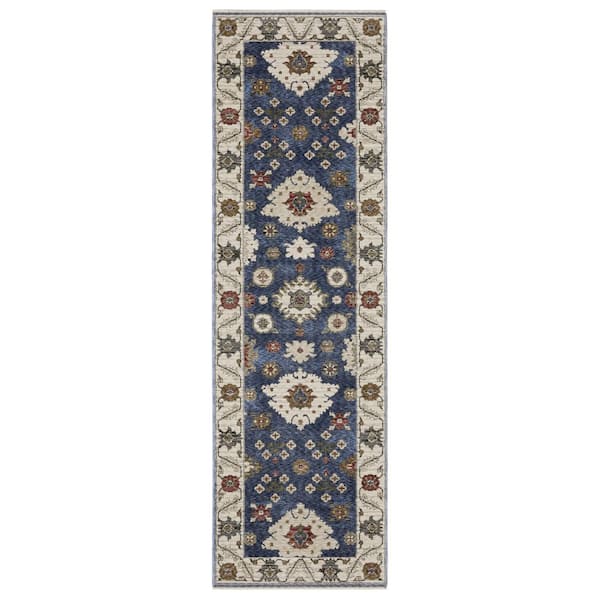 AVERLEY HOME Hunter Blue/Ivory 2 ft. x 8 ft. Traditional Floral Oriental Polyester Fringe-Edge Indoor Runner Area Rug