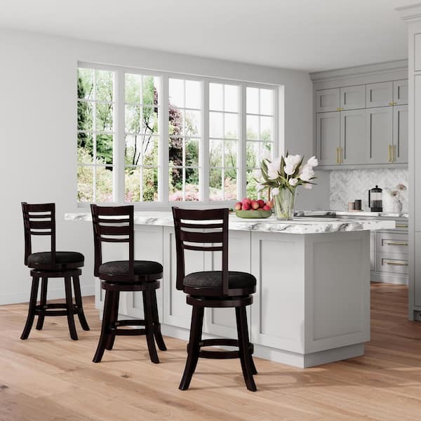 Cedara 24 in. H Espresso Wood Frame Slatted Back Counter Height Swivel Bar Stool with Charcoal Fabric Seat (1-Pack)