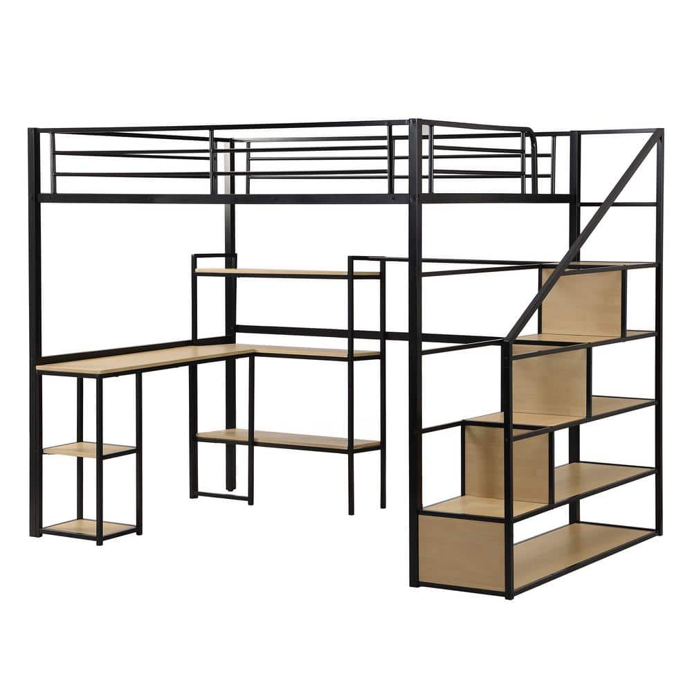 Full Size Black Metal Loft Bed with Desk and Storage Shelves