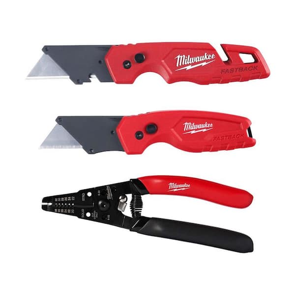 Milwaukee FASTBACK Folding Utility Knife and Compact Folding Utility Knife w/20-32 AWG Low Voltage Wire Stripper/Cutter (3-Piece)