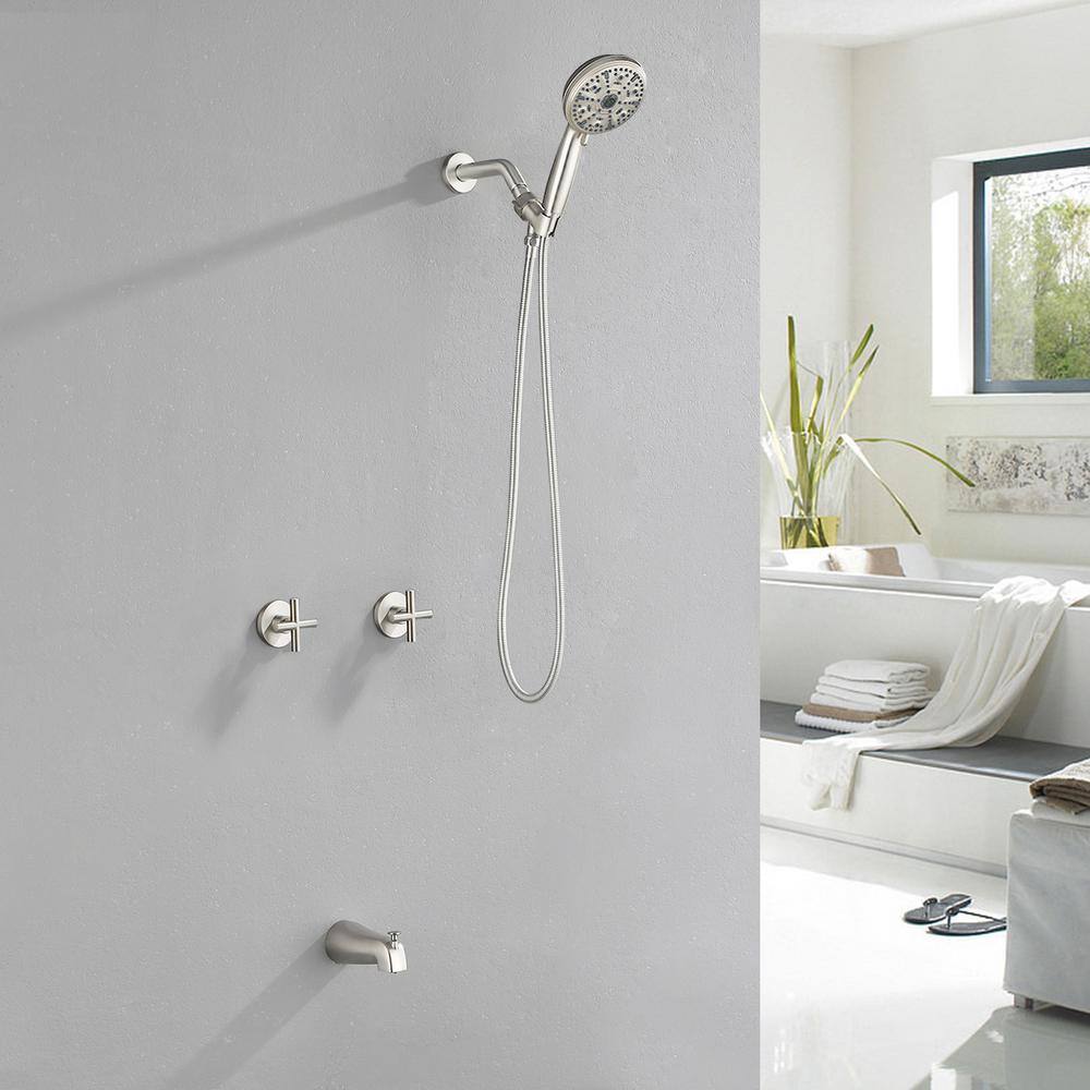 Brushed Nickel Dual Handle Rain Shower Faucet Set with Handheld