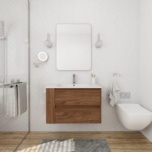 High-Quality 30 in. W x 18.1 in. D x 19.4 in. H Floating Bath Vanity in Brown Oak with White Acrylic Gel Top