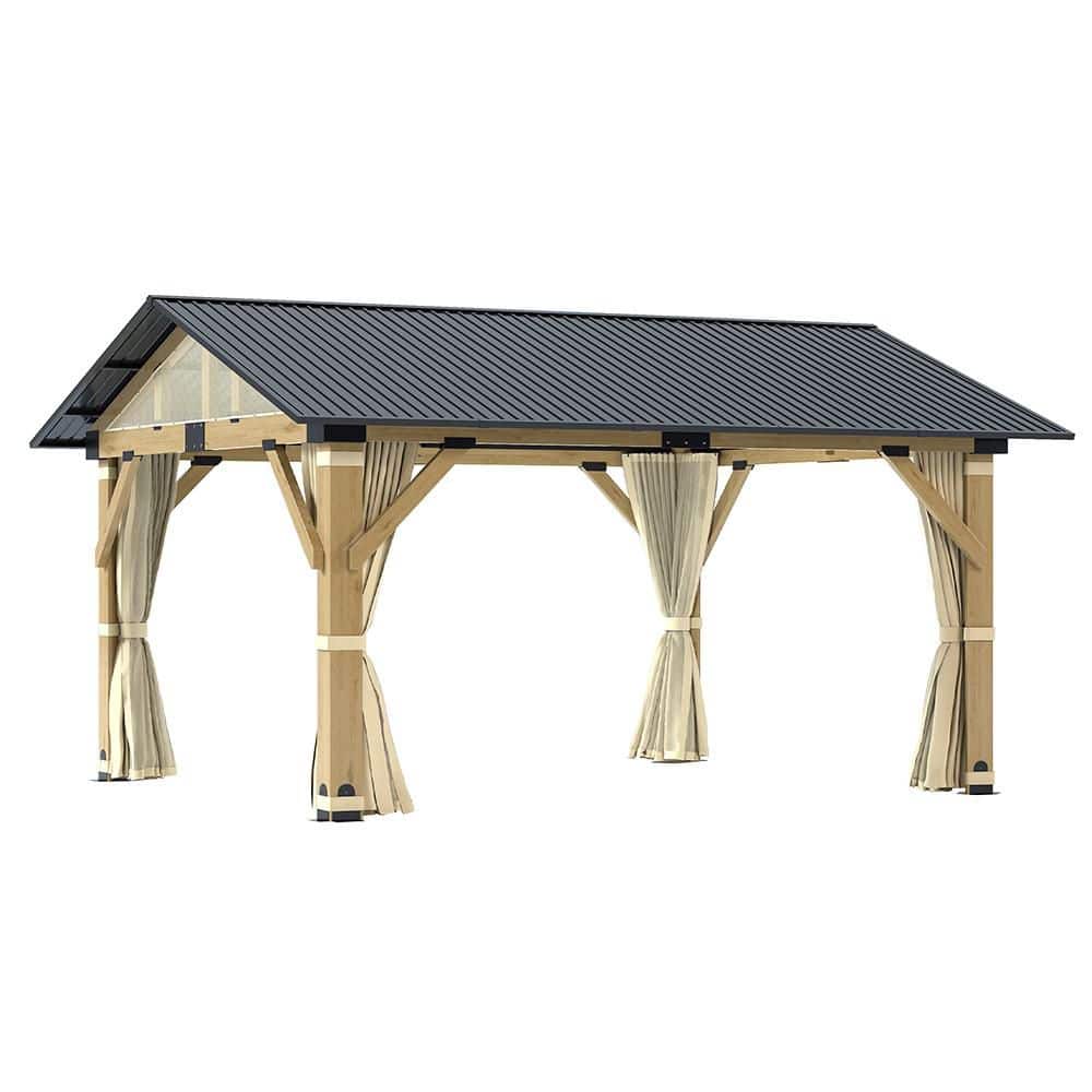 13 ft. x 15 ft. Wooden Gazebo with Peak Galvanized Steel Roof, Outdoor Patio Hardtop Gazebos with Nettings and Curtains price history on PriceWatchPro