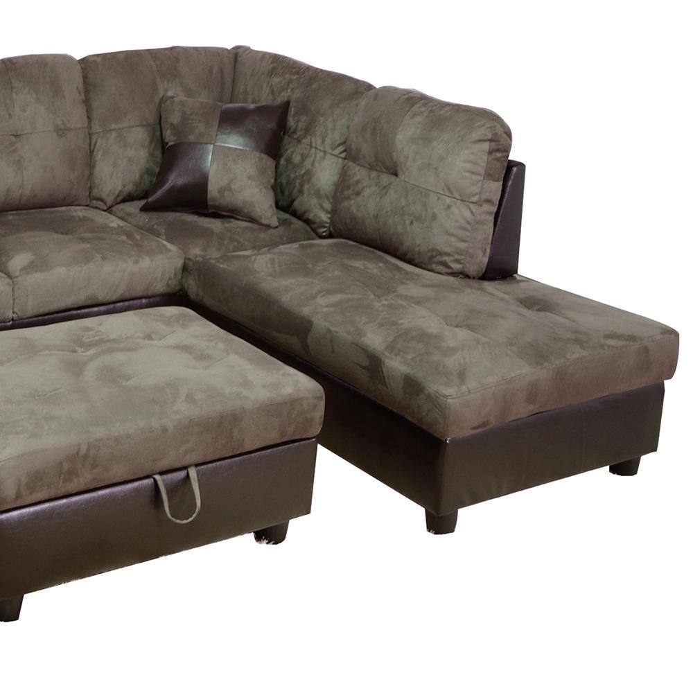 Detailed view of the chaise and storage ottoman of the brown sectional.