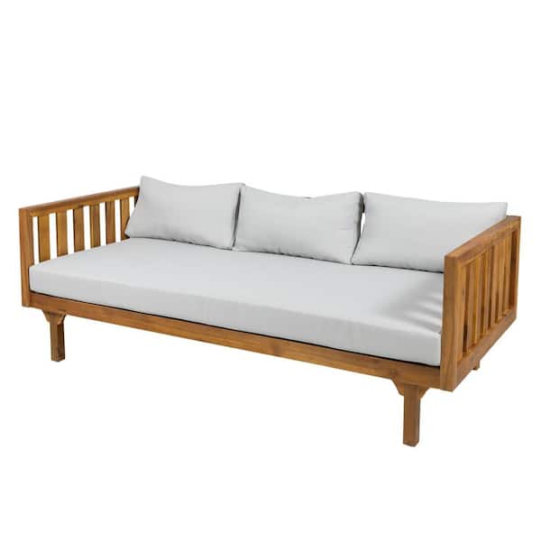 Misopily 67.75 in. 3-Seater Teak Acacia Wood Outdoor Bench, Water Resistant Cushions and Slat Panel Seating with White Cushion