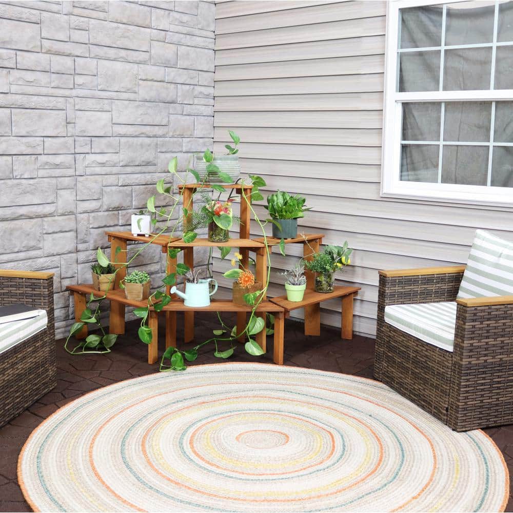 Sunnydaze 3-Tier Meranti Wood Outdoor Plant Stand with Teak Oil Finish