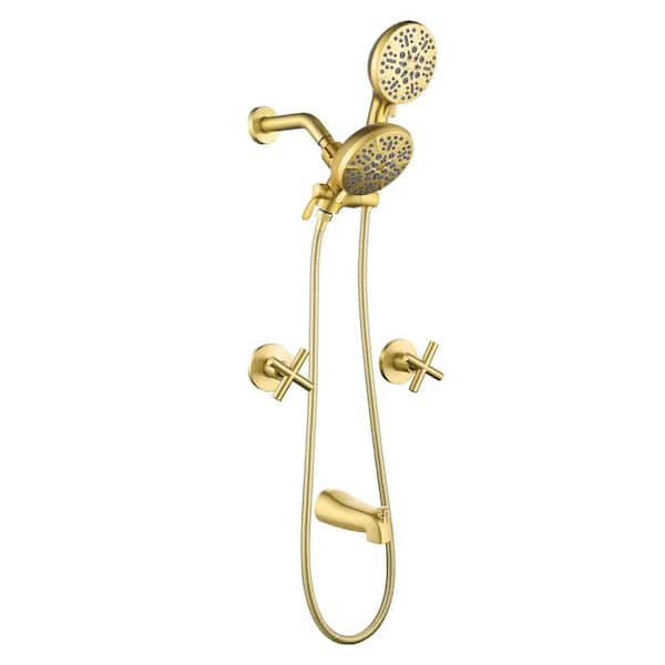 Double Handle 7-Spray Wall Mount Tub and Shower Faucet 1.8 GPM 2 in. 1 Shower Faucet Kit in Brushed Gold Valve Included
