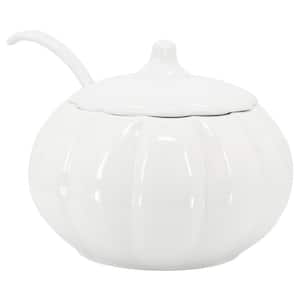10.6 in. 160 Fl. Oz. White Ceramic Pumpkin Soup Tureen Serving Bowl with Lid and Ladle