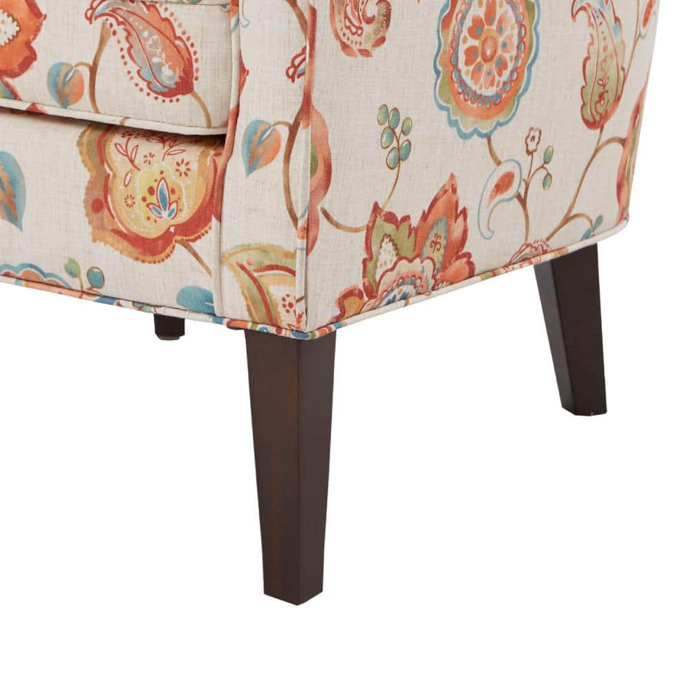 Floral Cream Wingback Accent Chair with Wood Legs