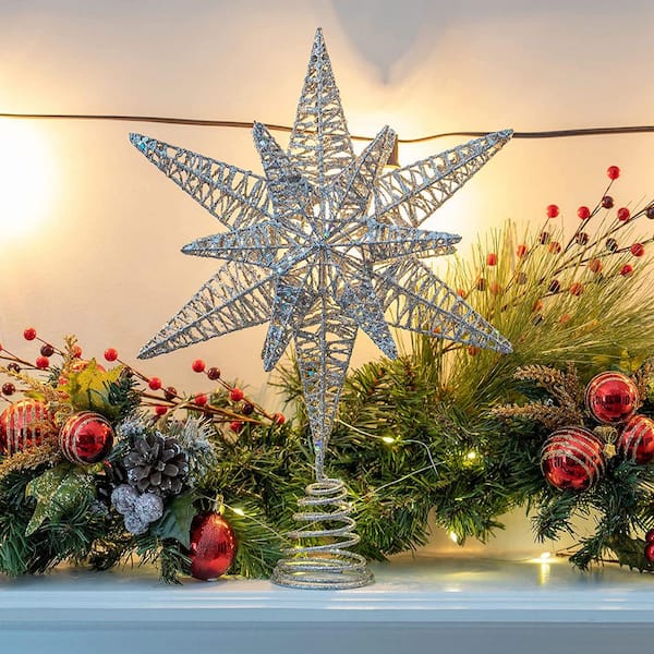 ORNATIVITY Silver Star Tree Topper - Christmas Silver 3D Glitter