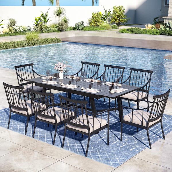 PHI VILLA 9-Piece Metal Outdoor Dining Set with Extensible Table and Stylish Chairs with Beige Cushions