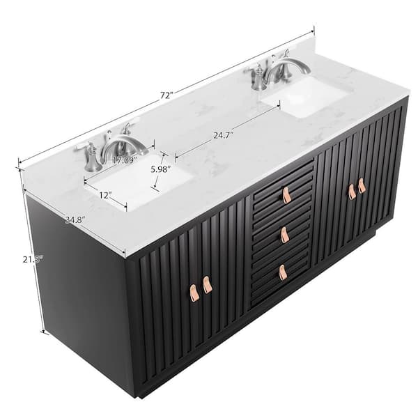 72 in. Black Wood Double Sink Freestanding Bathroom Vanity with White Marble Top(Assembled)