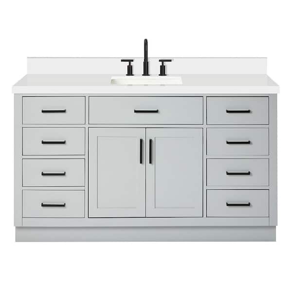 Hepburn 60 in. Single Sink Freestanding Bathroom Vanity in Gray with Pure White Quartz Top
