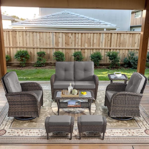 Brown 7-Piece Wicker Patio Conversation Set with Swivel Rockers, Outdoor Glider Seating Set with Gray Cushions