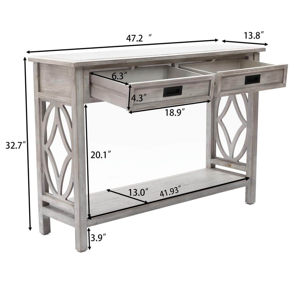 Gray Wood Console Table with Storage and Shelf