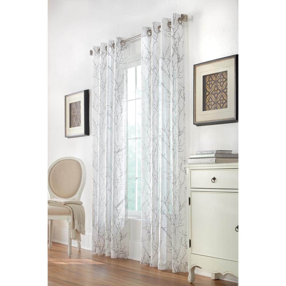 White Polyester Light Filtering Grommet Curtain Panel with Branch Motif