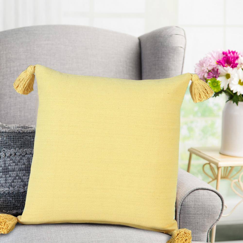 Yellow Cotton Square Throw Pillow with Tassels